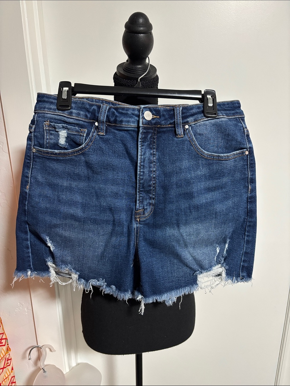 High-Rise Distressed Denim Shorts - Dark Blue